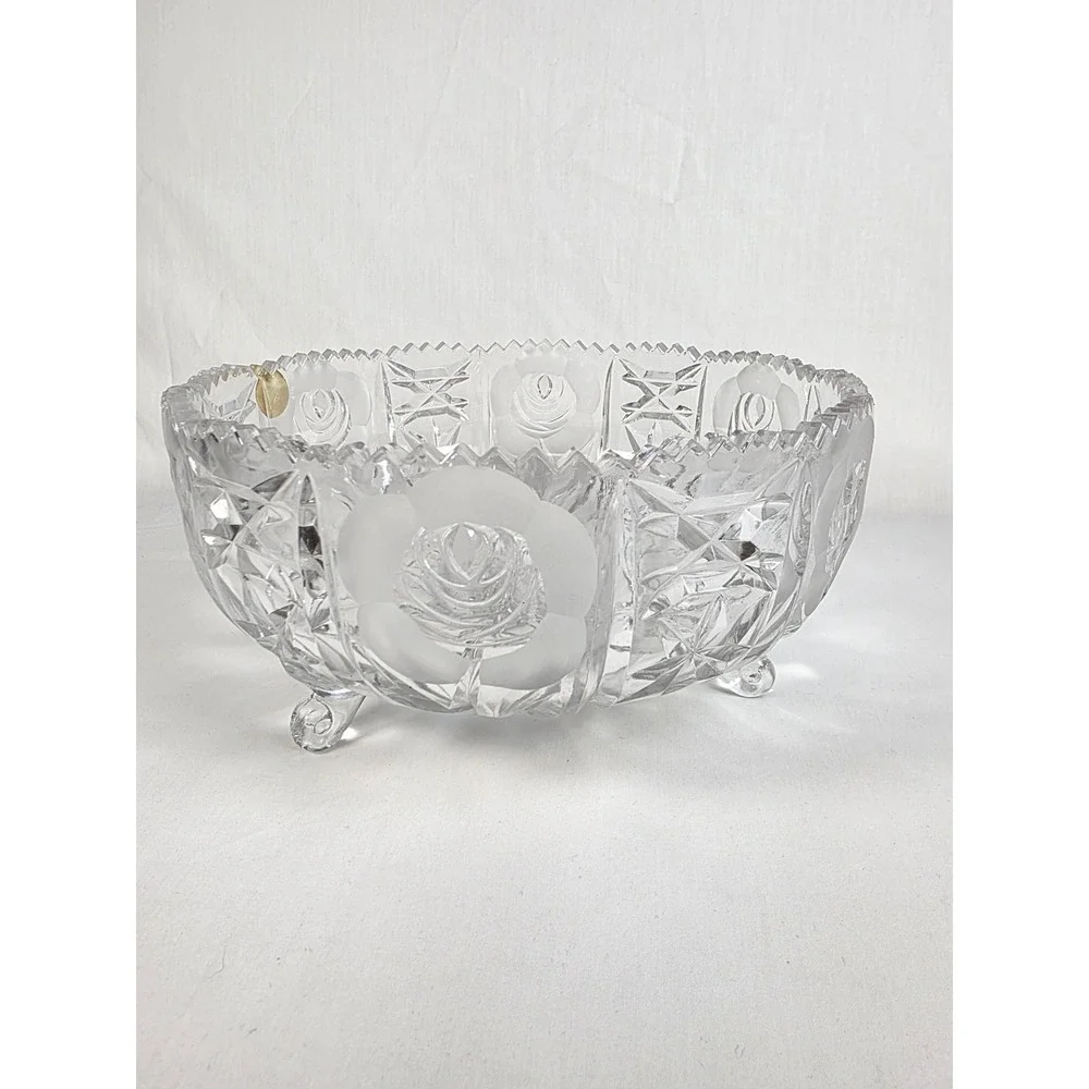 Handcrafted Italian Crystal Bowl 30% PbO Lead Glass Floral Footed‎ Sawtooth Rim